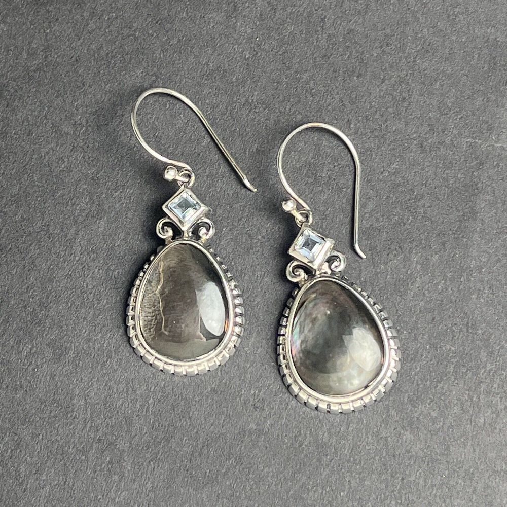 925 CFJ Thai Sterling Silver Teardrop‎ Earrings Gray Moonstone Aquamarine Dangle